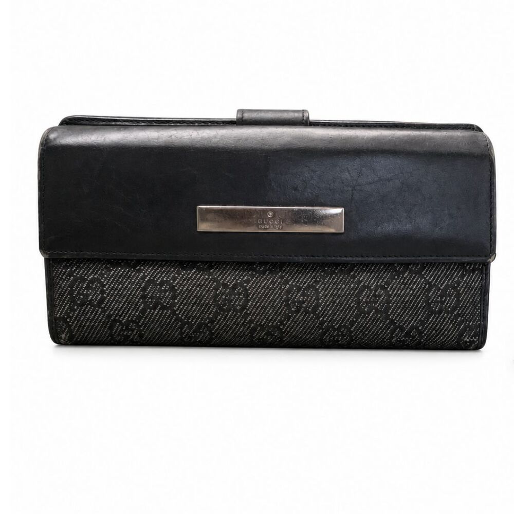 Gucci GG Canvas Leather Long Wallet Black Bifold Snap Flap Women's